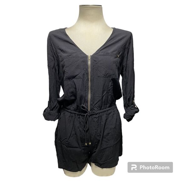 Guess Black Zip Up Shorts Romper With Drawstring Waist Gold Details Size M - Picture 1 of 11